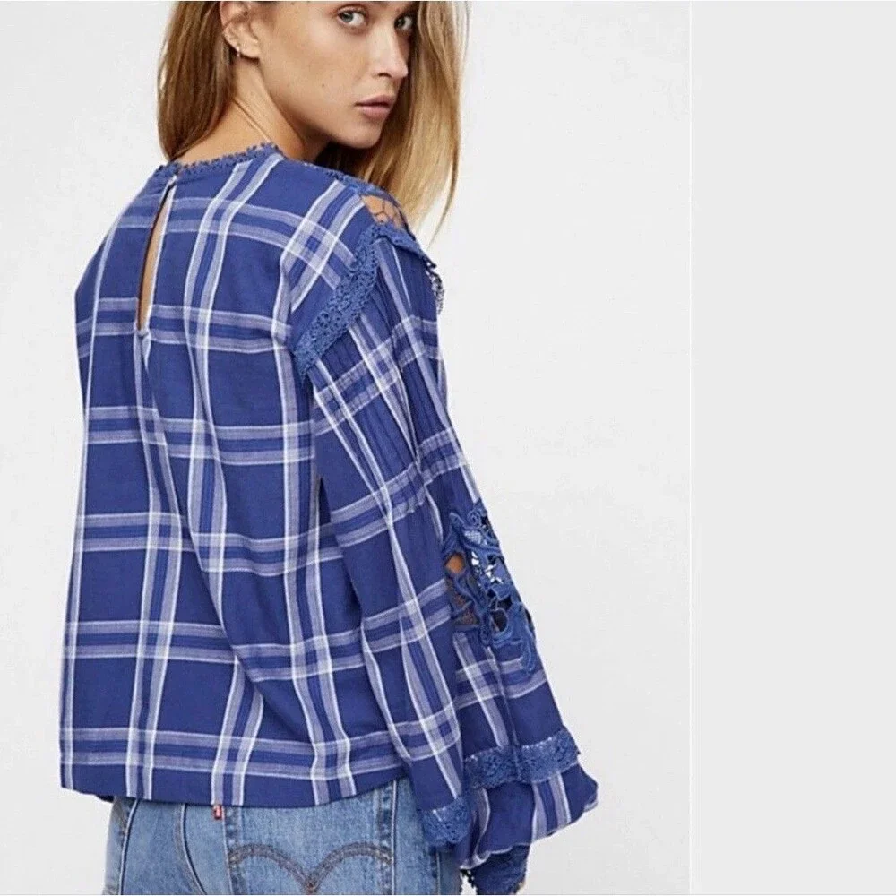 FREE PEOPLE Darling Diana‎ Tunic Lace Top Size XS-Blue Plaid $128